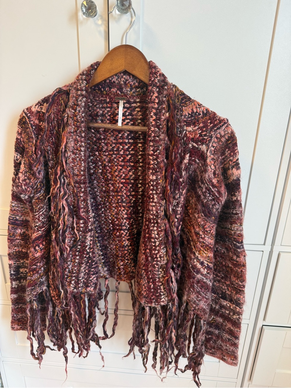 Free People Multi-Tone Rose & Burgundy Fringe Open Cardigan